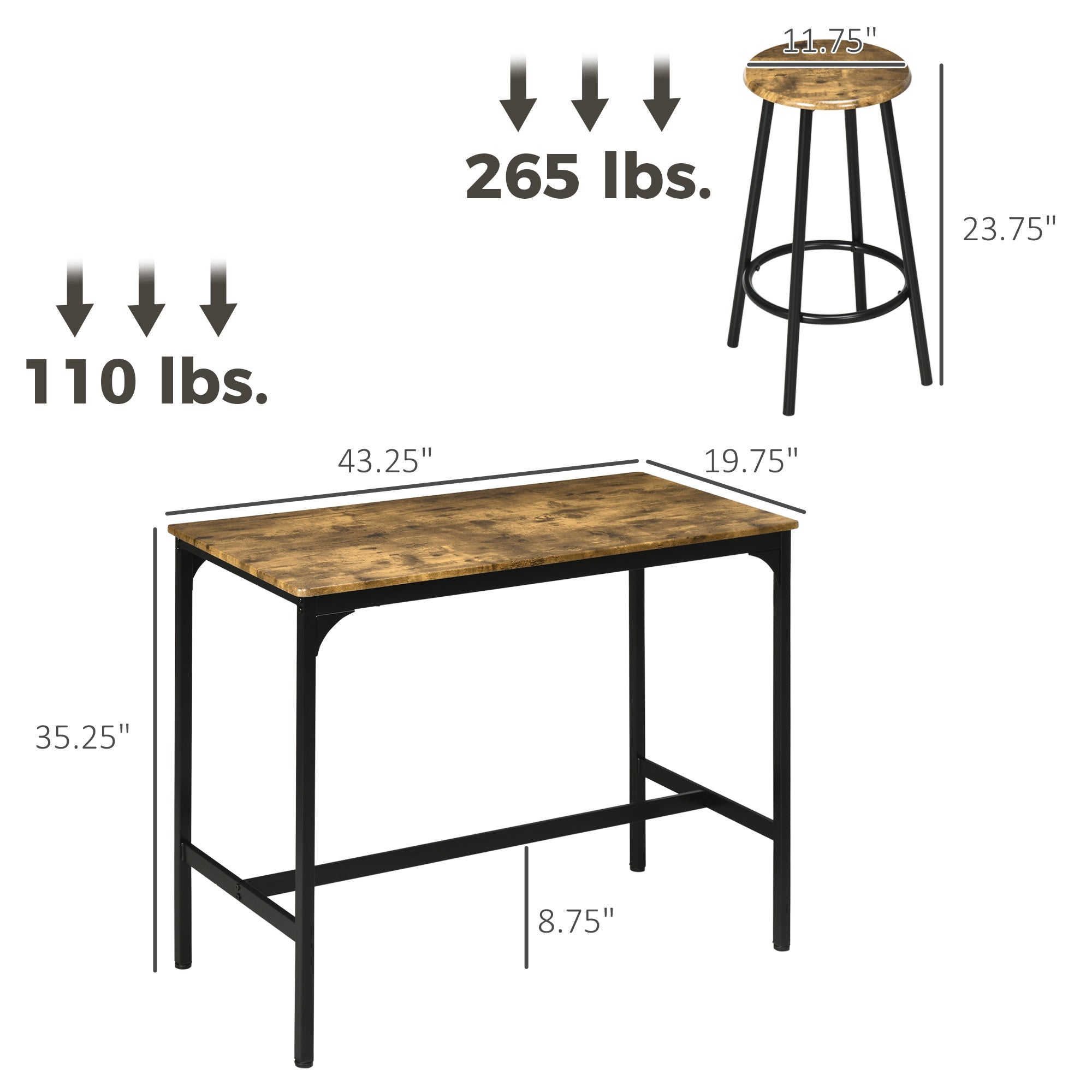 5-Piece Counter Height Bar Table and Chairs Set, Bar Table with Stools, Kitchen Table 4 Chairs, Rustic Brown