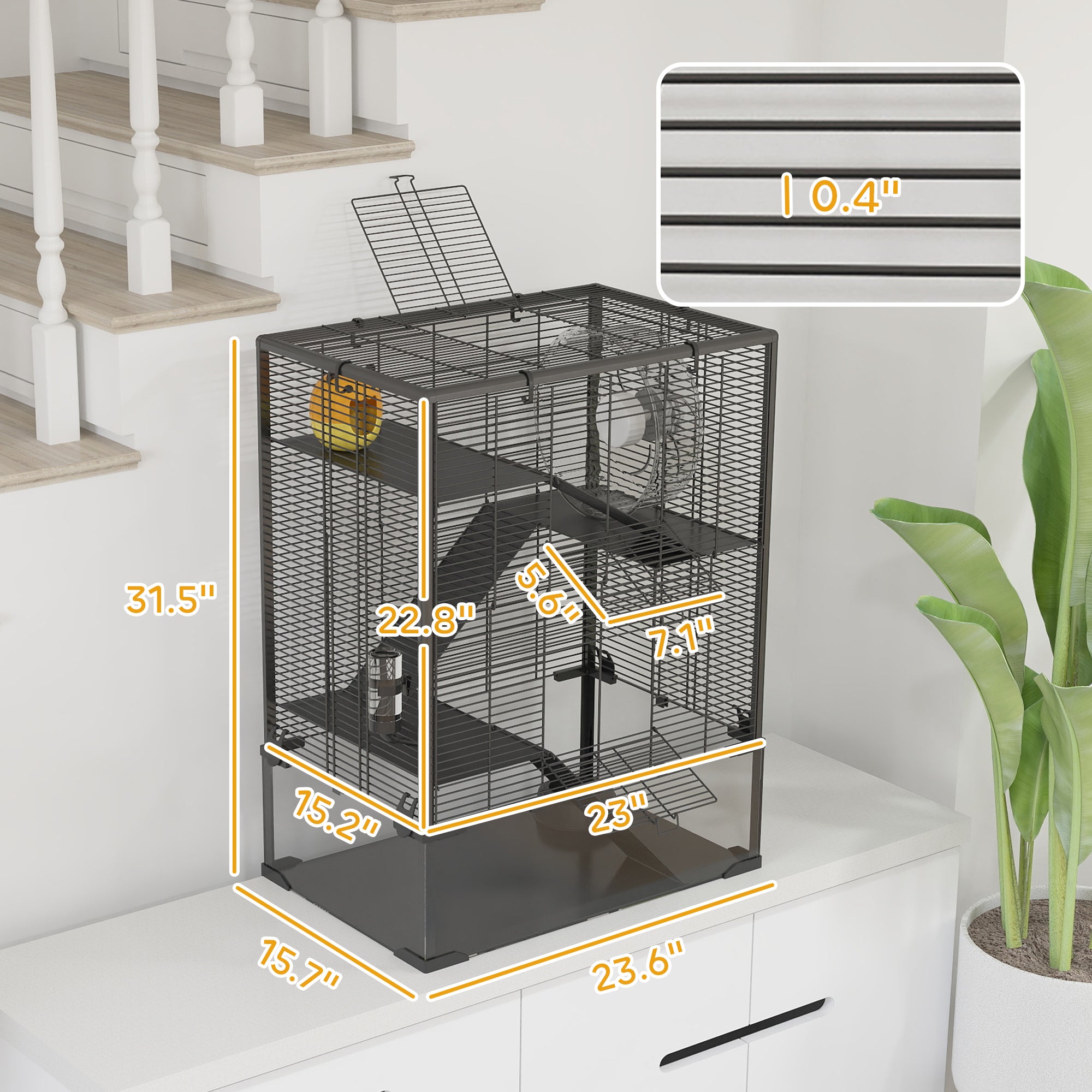 4 Tier Hamster Cage with Deep Tempered Glass Bottom, Running Wheel, Hut, Water Bottle, Food Dish, 24" x 16" x 31.5"