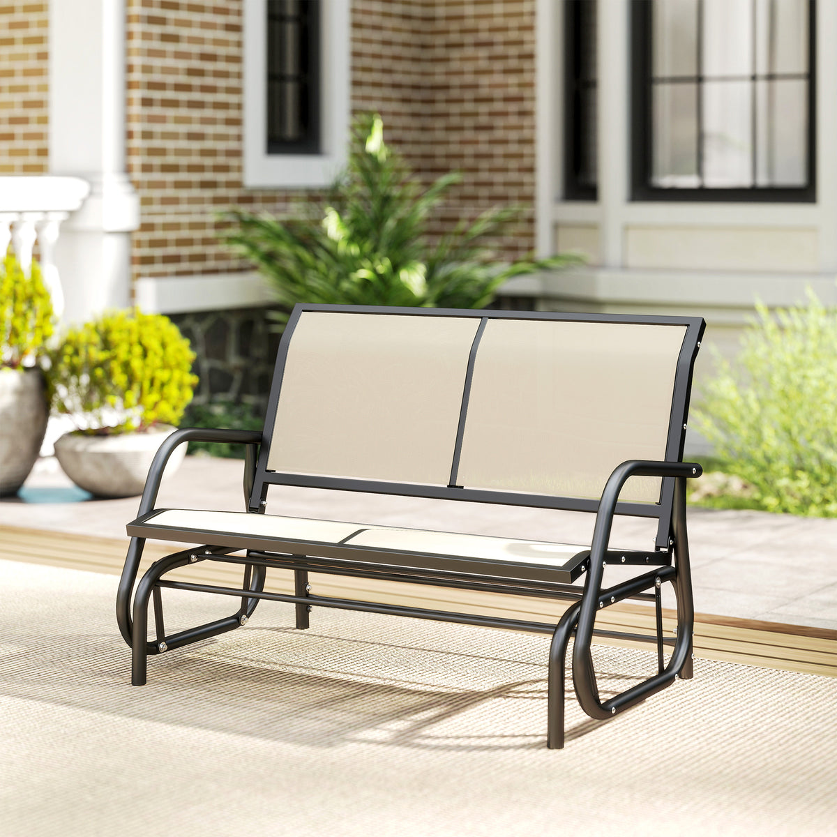 2-Person Outdoor Glider Bench, Patio Double Swing Rocking Chair Loveseat w/Powder Coated Steel Frame for Backyard Garden Porch, Beige
