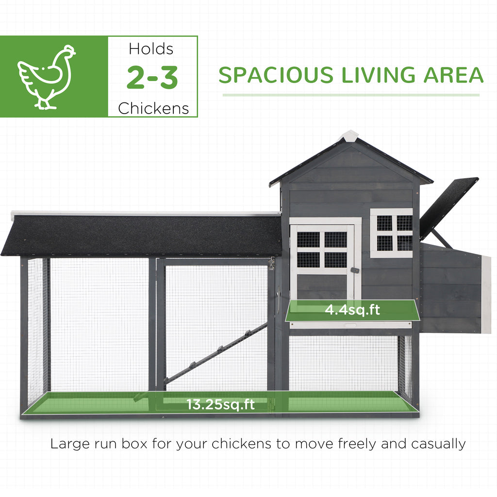 84" Wooden Chicken Coop, Hen House Outdoor with Run Nesting Box, Asphalt Roof, Removable Tray, Ramp, Poultry Cage for 2-3 Chickens, Gray