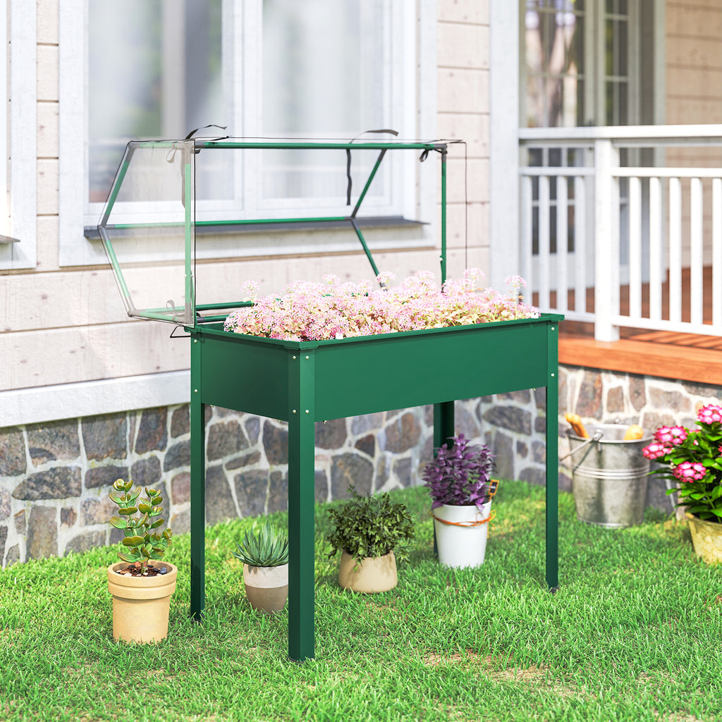 Elevated Garden Box with Greenhouse Cover, Raised Garden Bed with Legs and Drainage Hole for Vegetables, Green