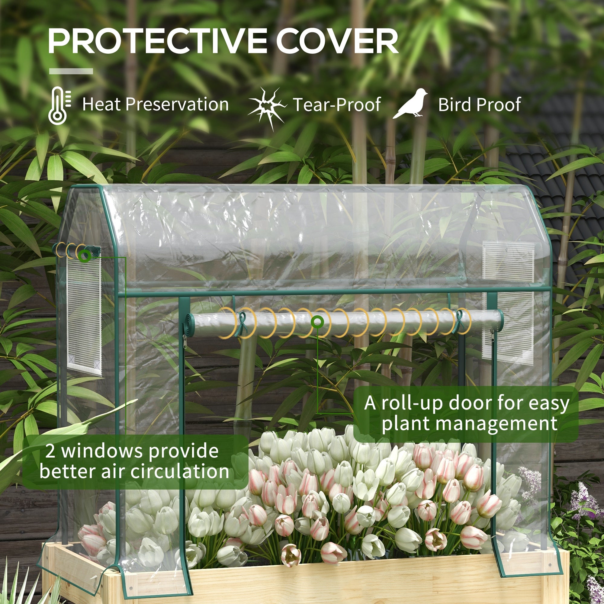 Raised Garden Bed with Plastic Greenhouse Cover Outdoor Planter Box for Herbs and Vegetables, 45x24x65 inch Natural