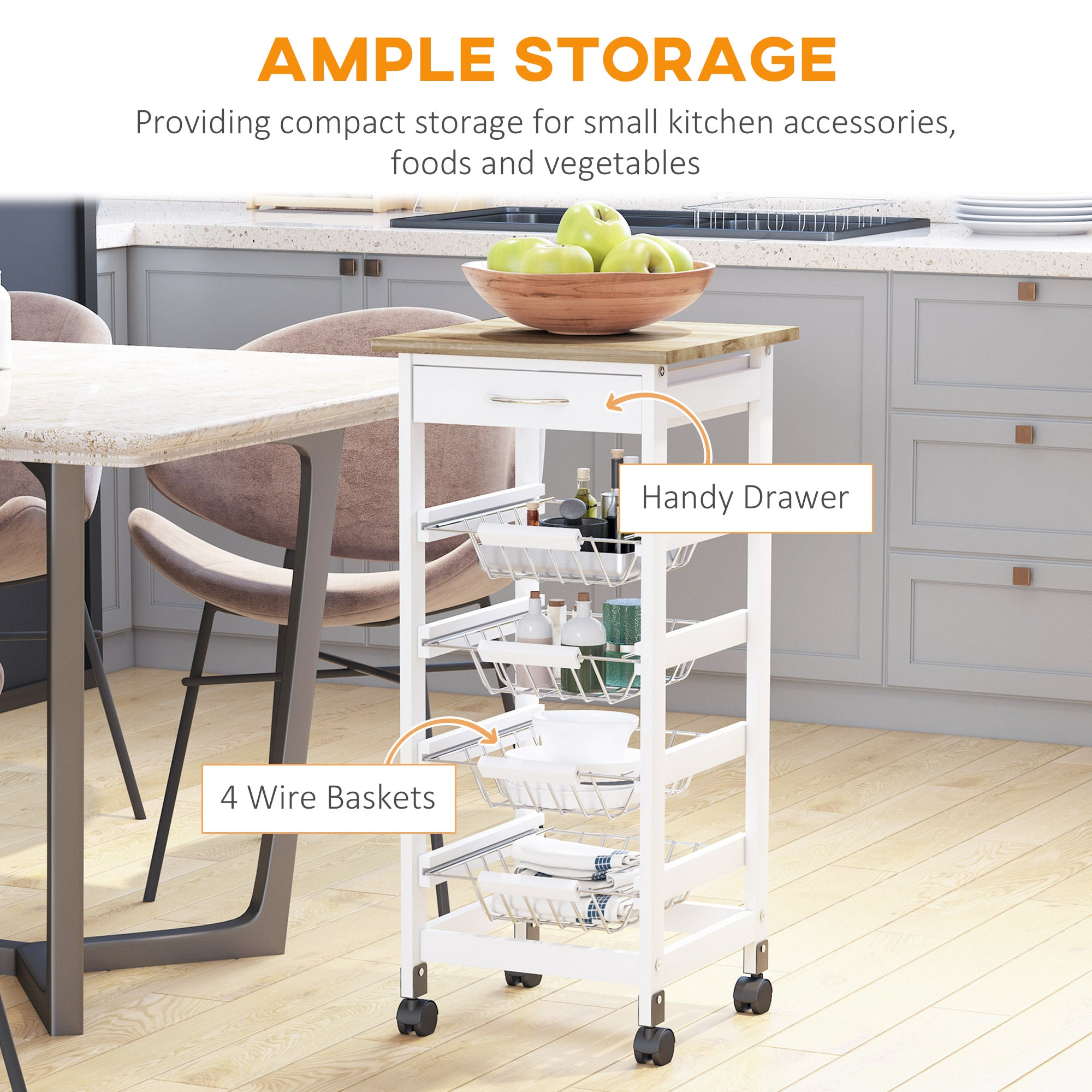 Mobile Kitchen Cart, Rolling Kitchen Island with Storage, Solid Wood Frame Utility Cart with Wire Fruit Baskets and Drawer, White