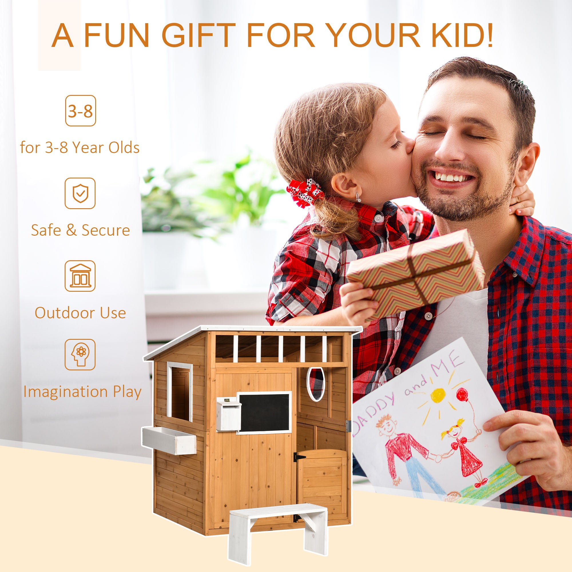 Wooden Playhouse for Kids Outdoor with Working Door, Windows, Mailbox, Bench, Flowers Pot Holder, 48" x 42.5" x 53"