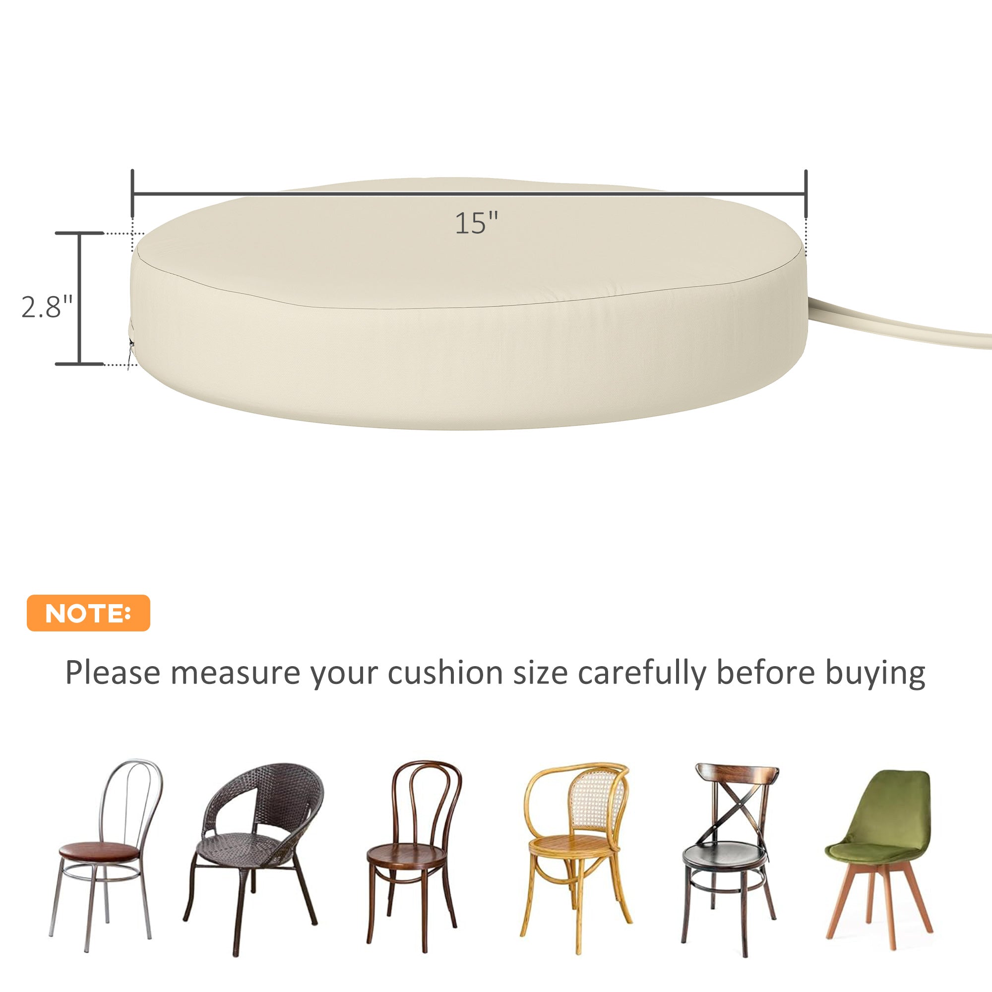 Patio Chair Cushions Set of 4 Round Seat Cushions for Dining Bistro Chairs Machine Washable, 15" x 15" x 3", Cream White
