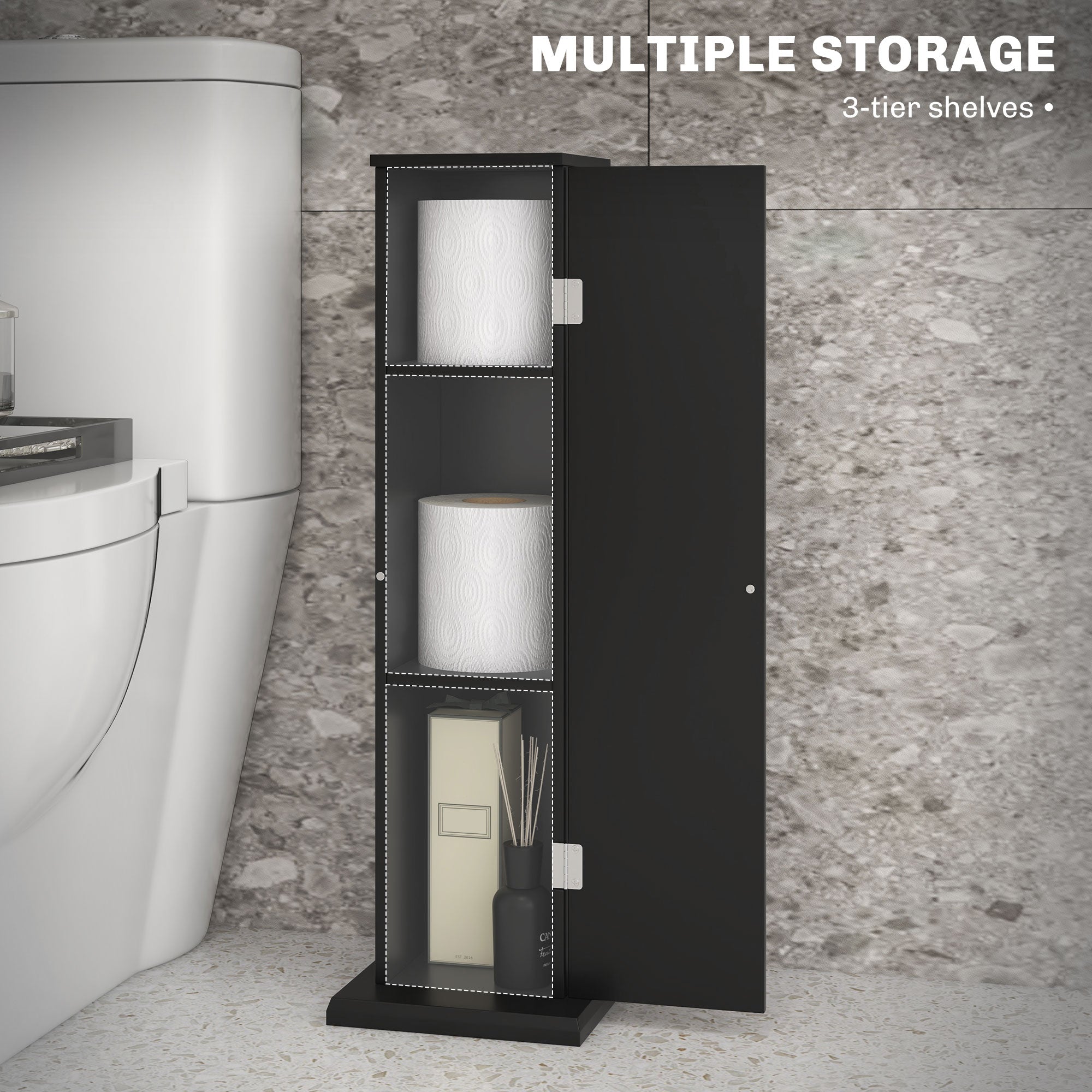 Small Toilet Paper Cabinet, Bathroom Corner Cabinet with Doors and Shelves for Paper Shampoo, Black