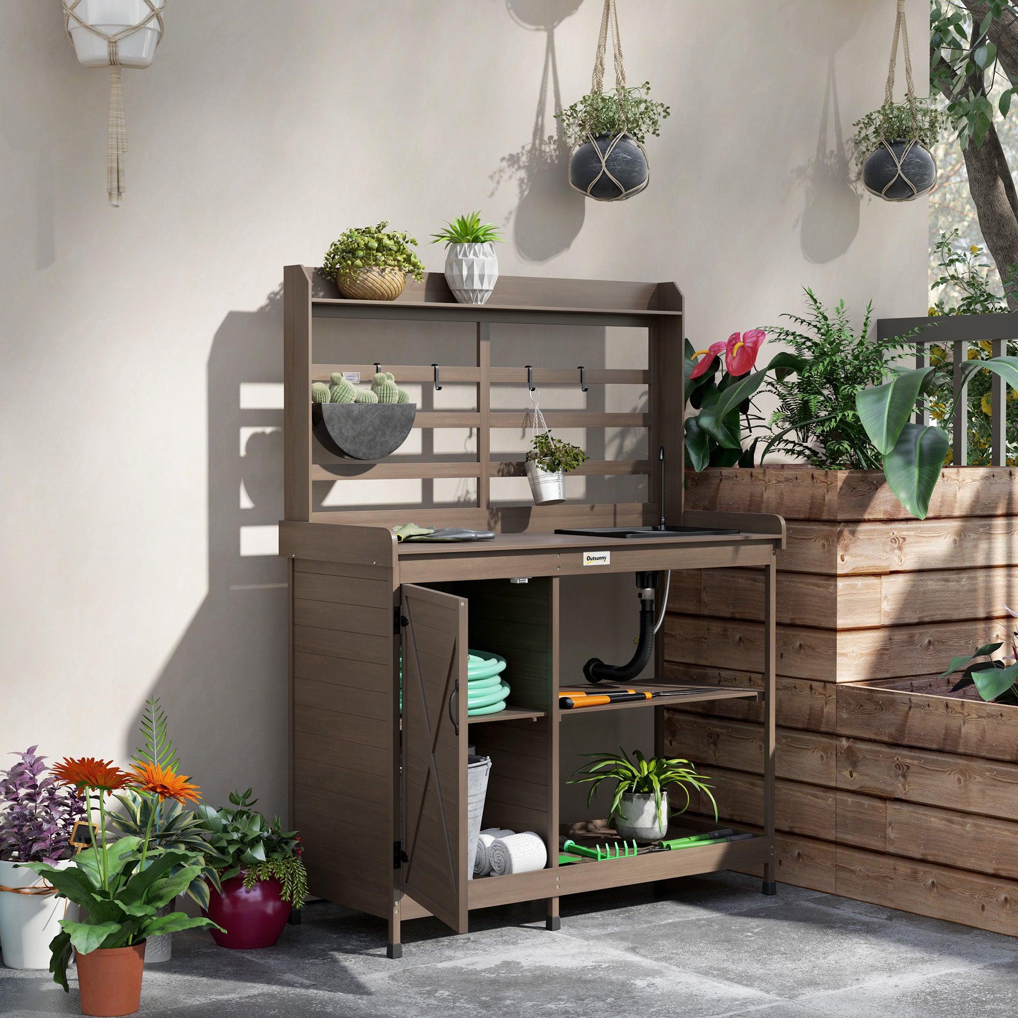 Wooden Potting Bench with Storage, Sink, Water Tap for Backyard, Patio, Balcony, Dark Brown