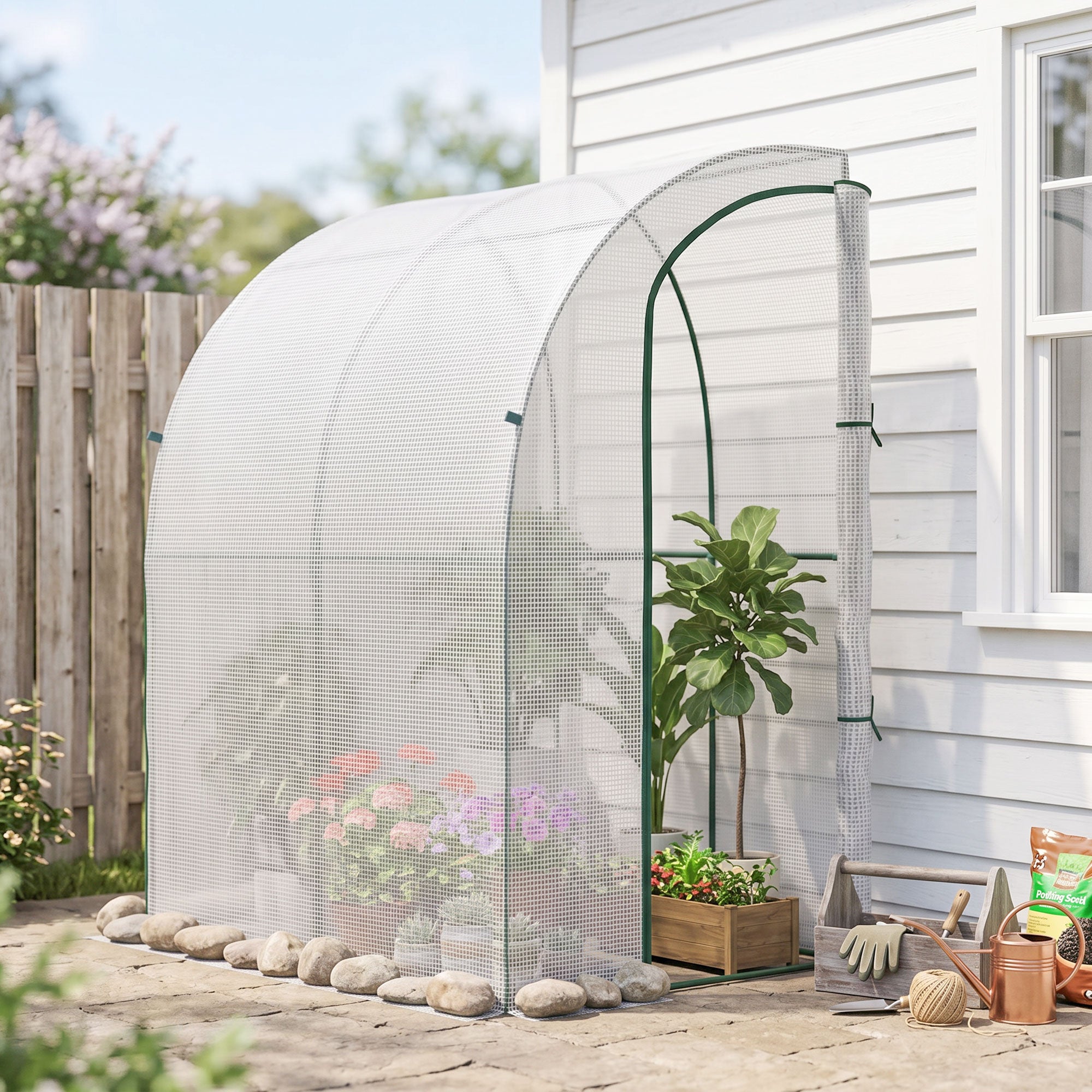 5' x 4' x 7' Outdoor Lean to Greenhouse, Walk-In Green House Plant Nursery with Roll-up Window, PE Cover, White