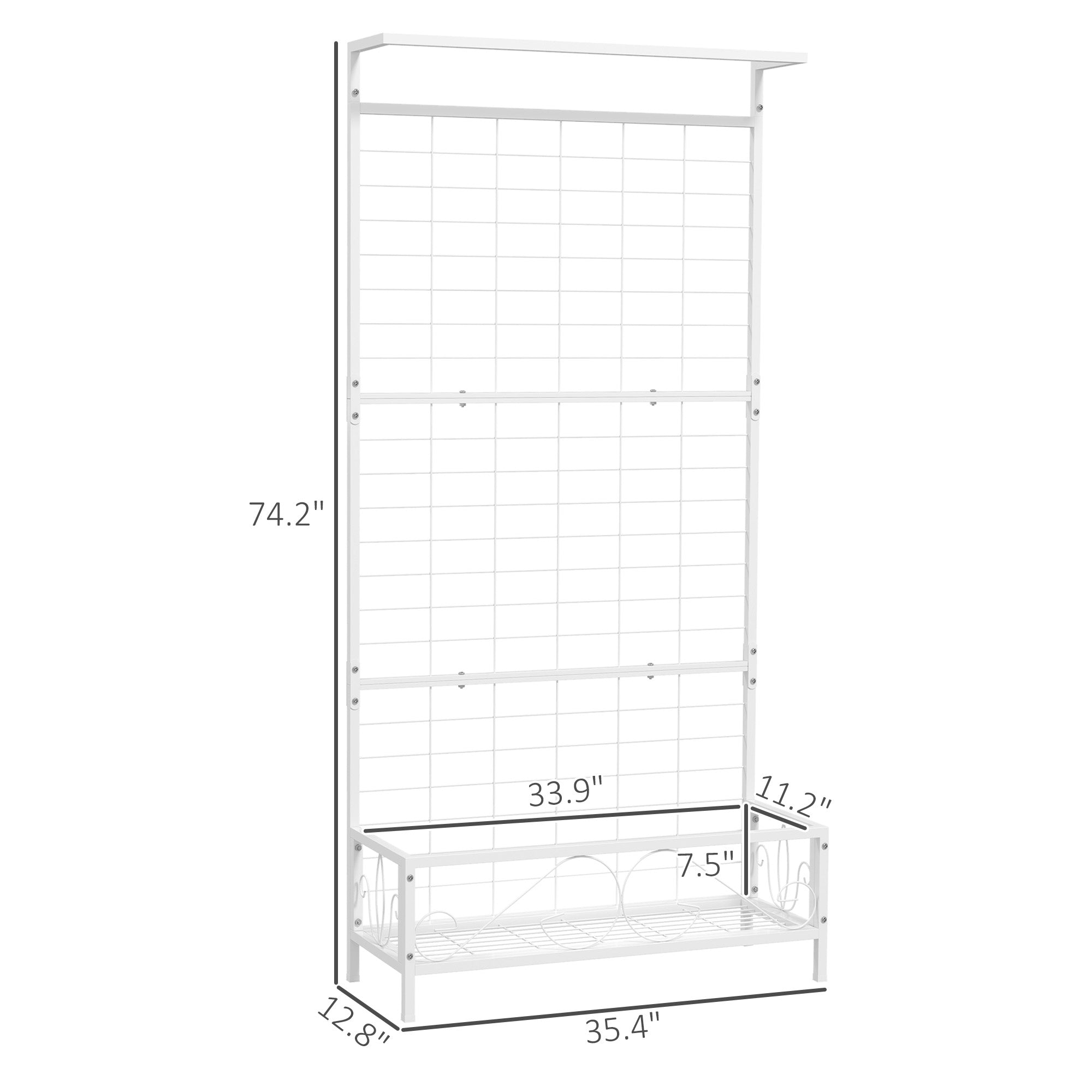 Metal Tall Plant Stand with Trellis and Hanging Bar, Plant Holder for Indoor Outdoor Use, 35" x 12.8" x 74", White