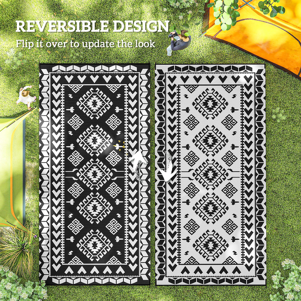 Reversible Outdoor Rug, Waterproof Plastic Straw with Carry Bag, 9' x 18', Black & White Rhombus Patchwork