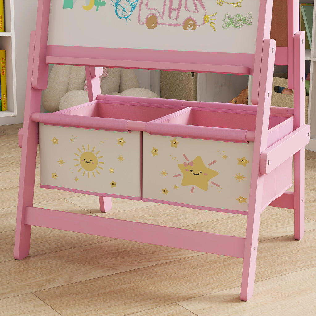 Art Easel for Kids, Double-Sided Whiteboard & Chalkboard with Paper Roll, Storage Baskets for Toddlers Ages 3-8, Pink