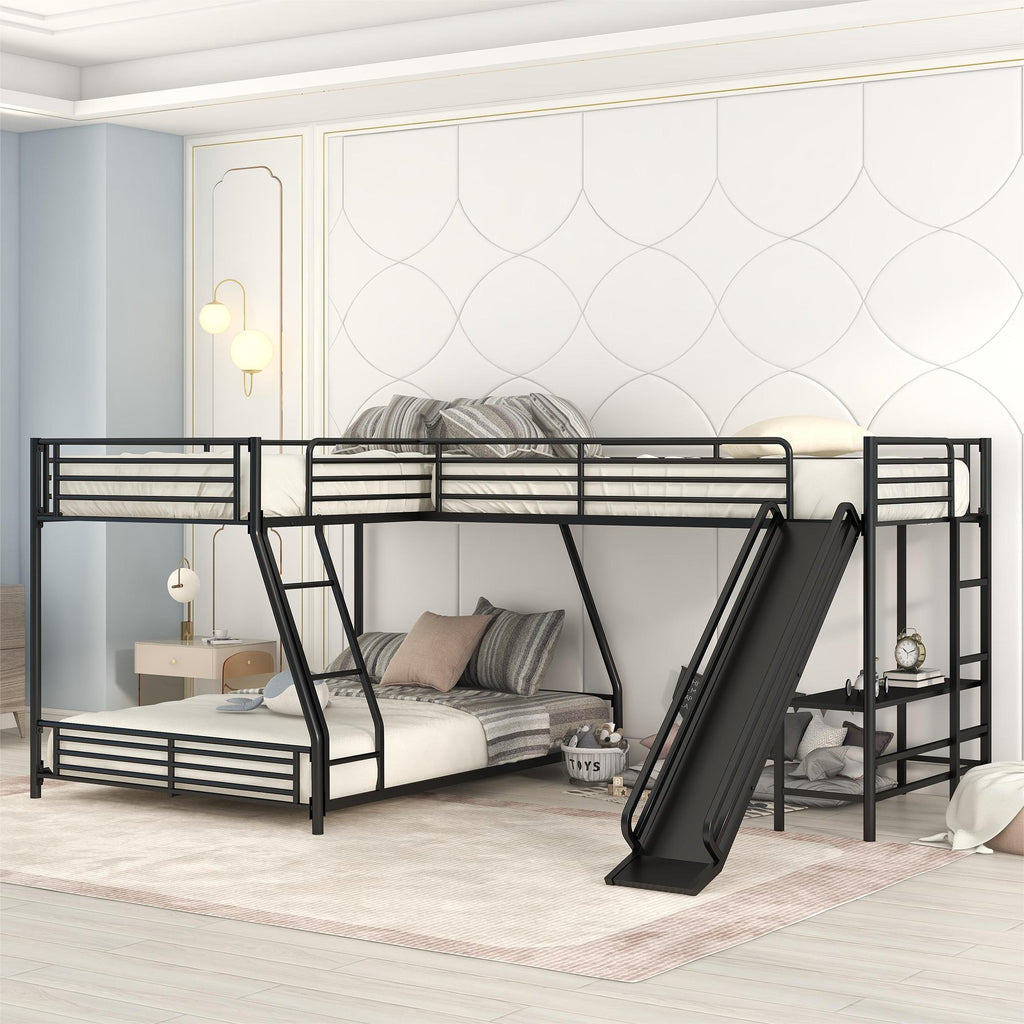 L-Shaped Twin over Full Bunk Bed with Twin Loft, Built-in Desk, Slide, Metal Frame, 117.5" L x 77.5" W x 53" H, Black