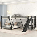 L-Shaped Twin over Full Bunk Bed with Twin Loft, Built-in Desk, Slide, Metal Frame, 117.5" L x 77.5" W x 53" H, Black