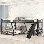 L-Shaped Twin over Full Bunk Bed with Twin Loft, Built-in Desk, Slide, Metal Frame, 117.5" L x 77.5" W x 53" H, Black