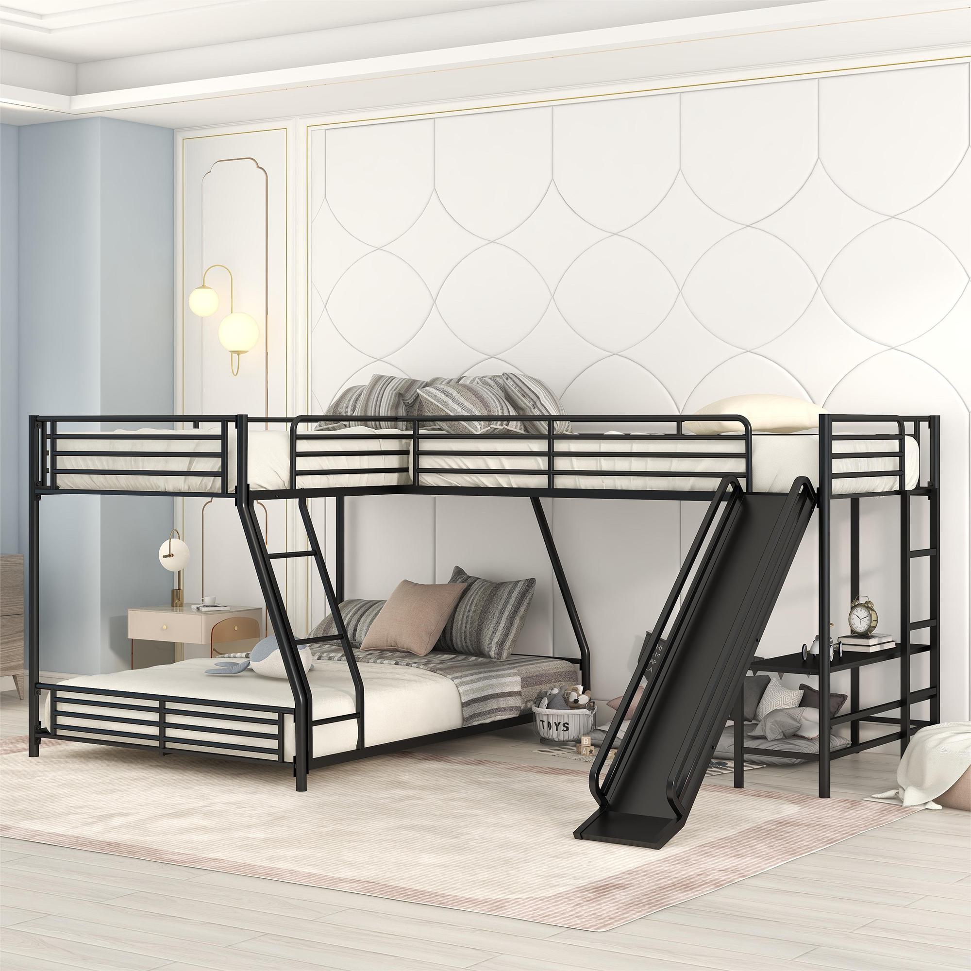 L-Shaped Twin over Full Bunk Bed with Twin Loft, Built-in Desk, Slide, Metal Frame, 117.5" L x 77.5" W x 53" H, Black