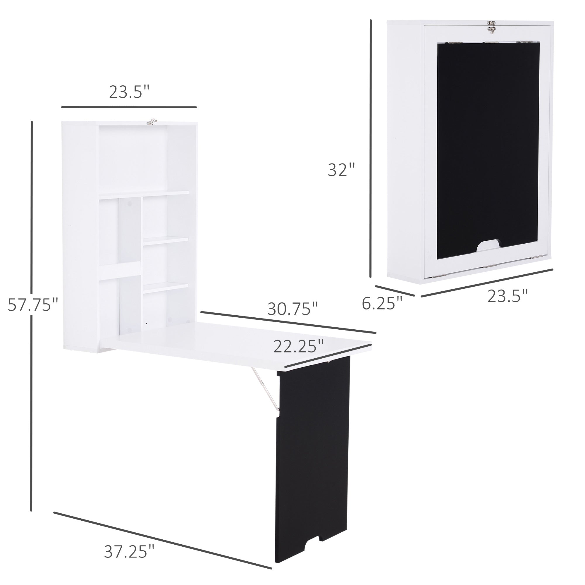 Wall Mounted Foldable Desk with a Blackboard, Fold Out Convertible Floating Desk with Shelves, White