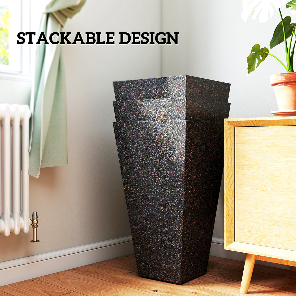 28" Tall Planters, Set of 3 Plastic Flower Pots with Marble Finish and Drainage Holes, Stackable Taper Planters, Brown