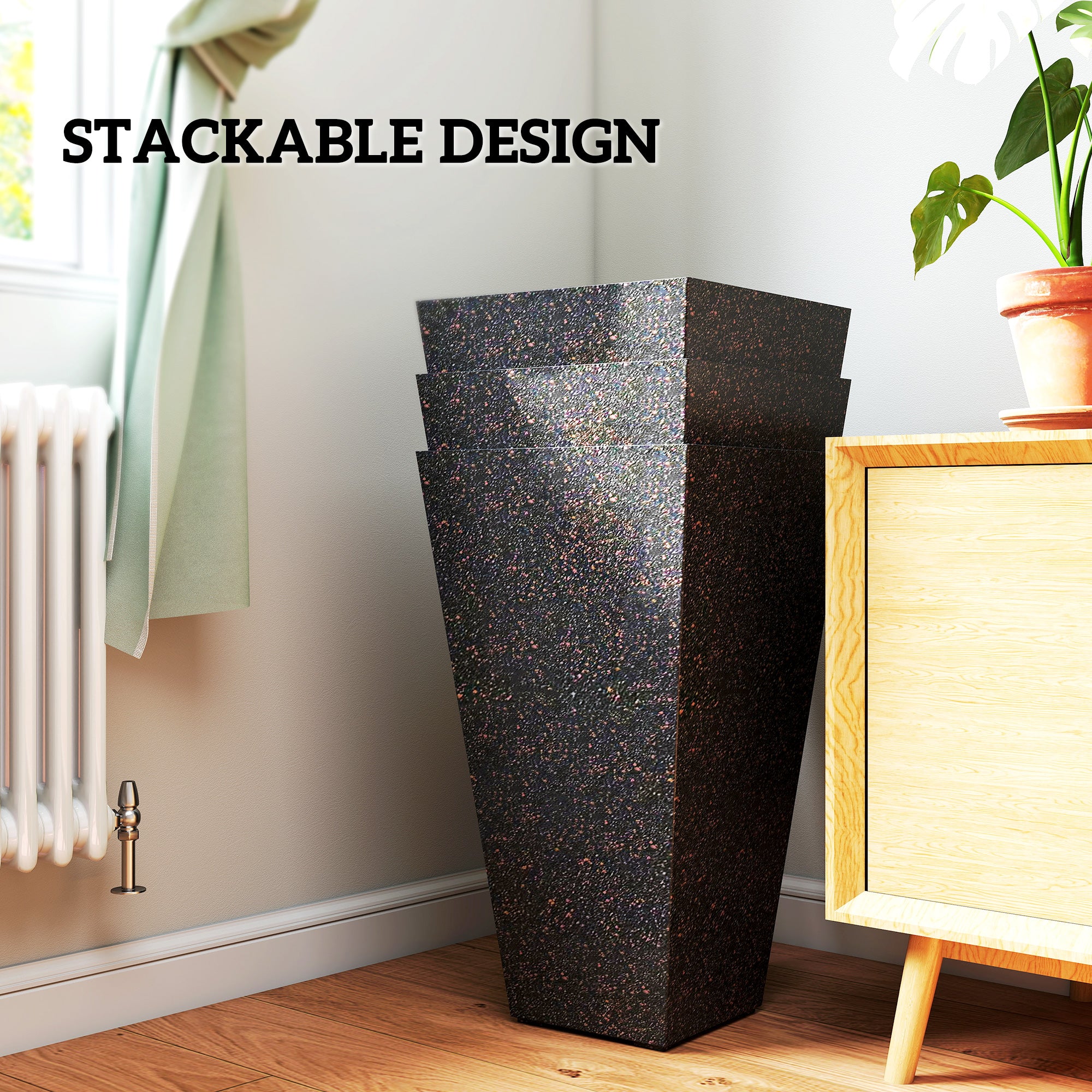 28" Tall Planters, Set of 3 Plastic Flower Pots with Marble Finish and Drainage Holes, Stackable Taper Planters, Brown