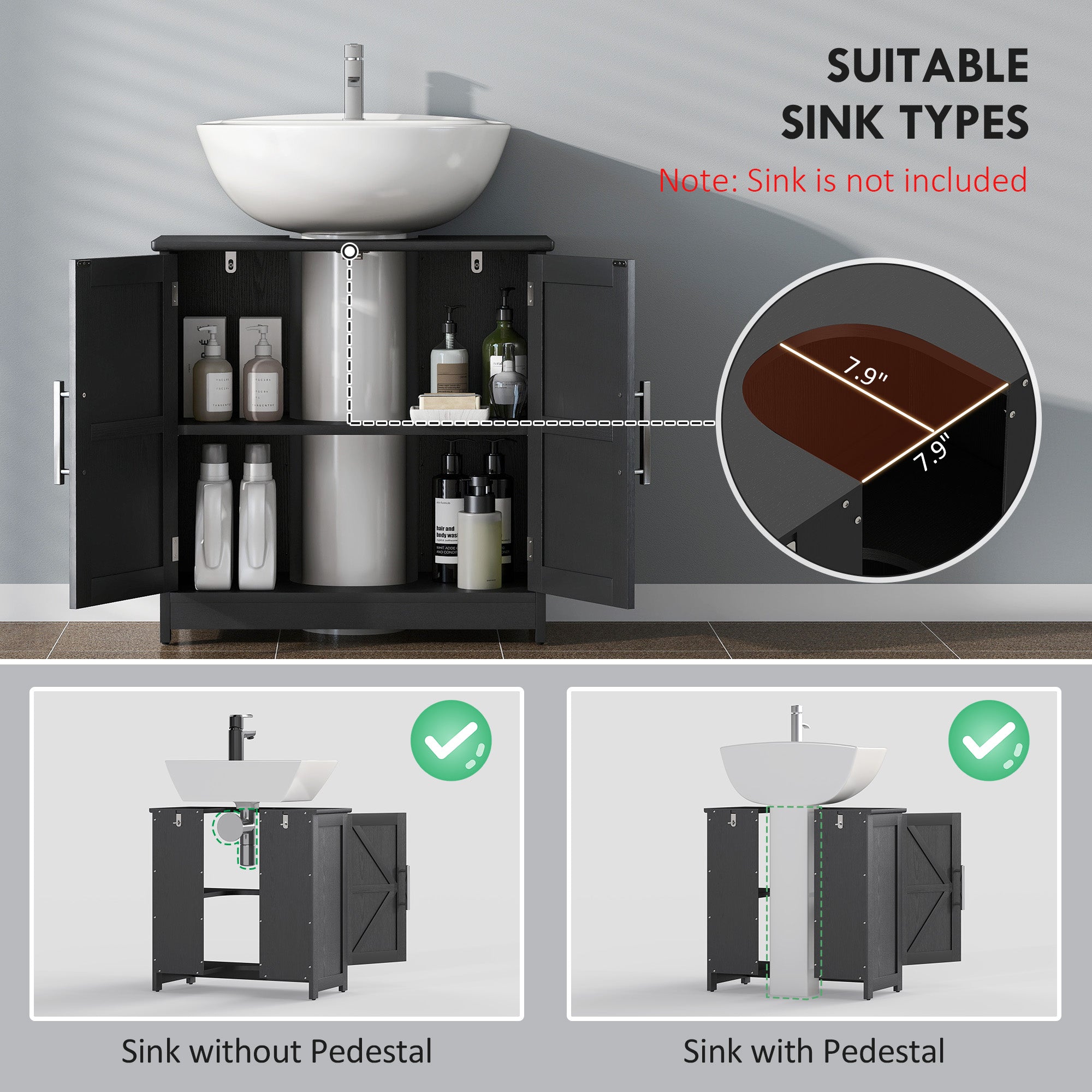 Farmhouse Pedestal Sink Storage Cabinet, Bathroom Sink Cabinet with 2 Barn Doors and Adjustable Shelf, Distressed Black
