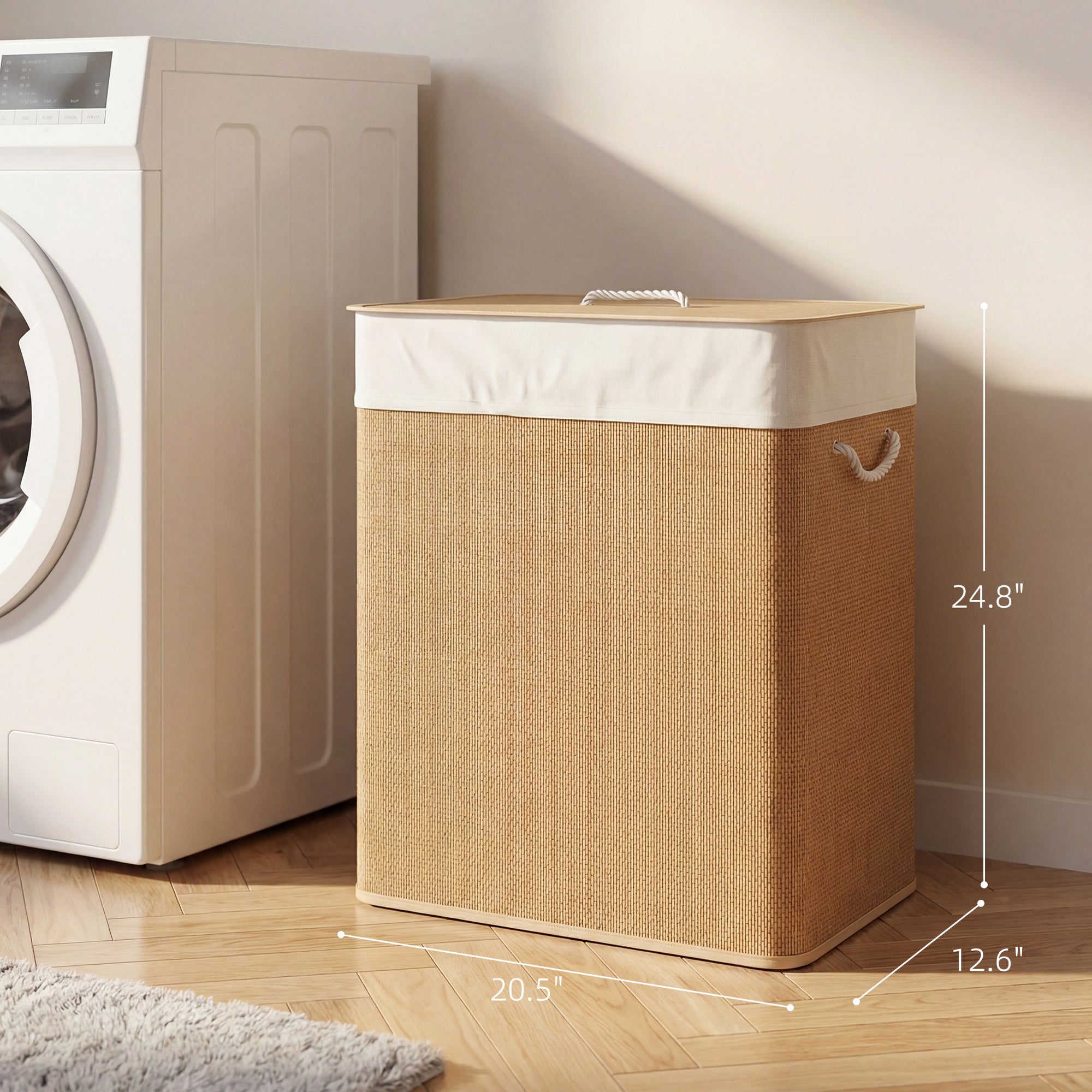 Double Laundry Basket with Lid, 26.4 Gallon Bamboo Laundry Hamper with Rope Handles and Removable Liner, Brown