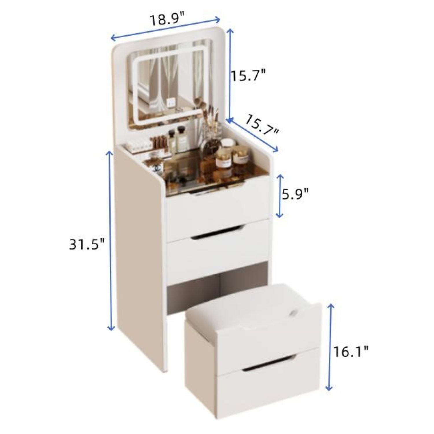 3-in-1 Vanity Desk with Flip Top Mirror, Compact Makeup Vanity Set with Visible Glass Desktop, Dressing Table, 20" L x 17" W x 31.5" H, White