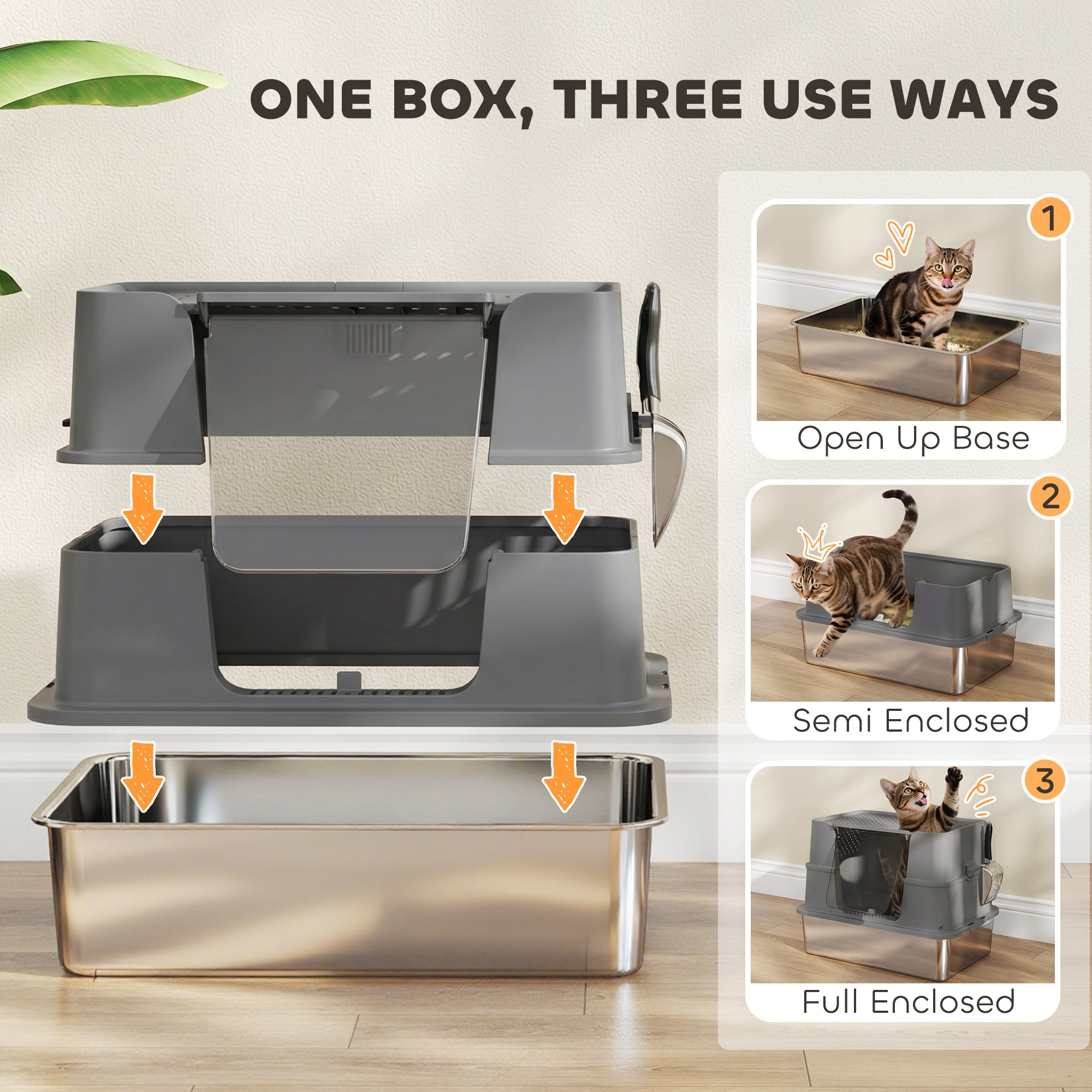 XL Stainless Steel Litter Box w/ 100° Flip Top, Scoop, Top & Side Entry Enclosed Litter Box for Big Cats