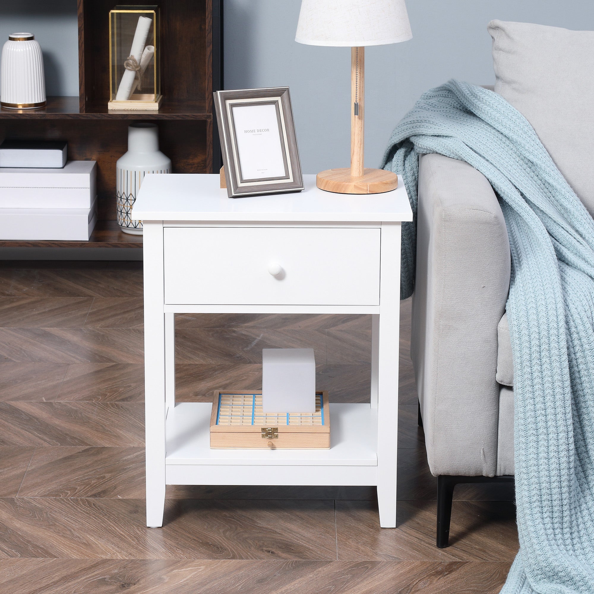 Modern Side Table for Living Room, End Table, 2-tier Side Table with Drawer and Storage Shelf, White