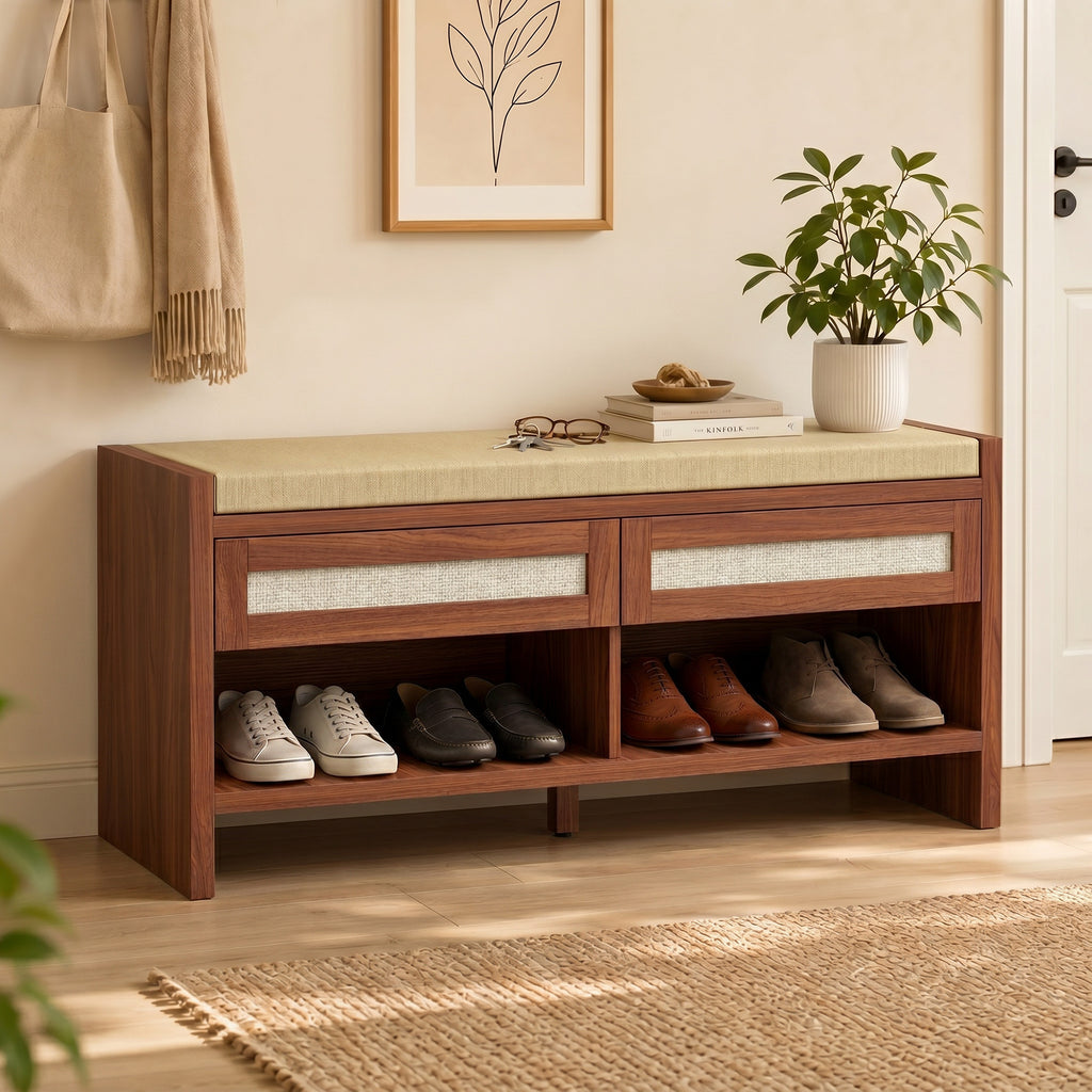 Shoe Bench with Cushioned Seat Shoe Storage Bench with 2 Rattan Drawers and Open Shelf Brown