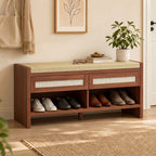 Shoe Bench with Cushioned Seat Shoe Storage Bench with 2 Rattan Drawers and Open Shelf Brown