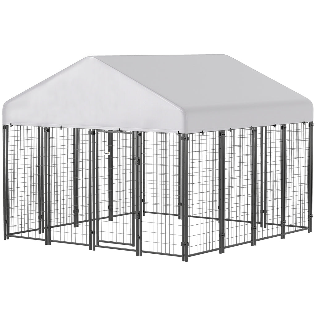 Outdoor Dog Kennel with Roof, 8' x 8' x 6' Heavy Duty Welded Wire Dog Playpen Enclosure with Escape-proof Lock