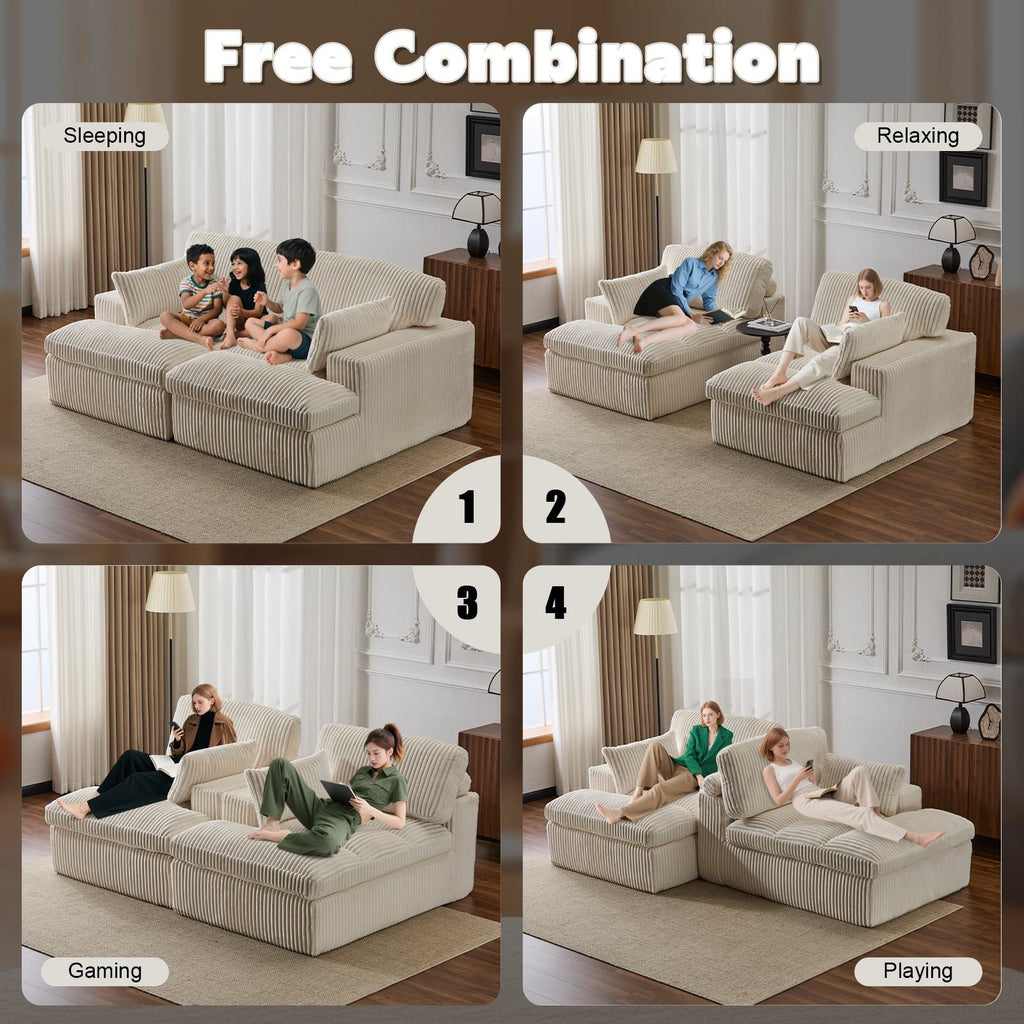 Deep Seat Sofa Double Chaise Lounge Chair with Corduroy Fabric, Compressed Sofa Sectional Loveseat for Apartments, 82.5'' L x 57'' W x 23.5'' H, White
