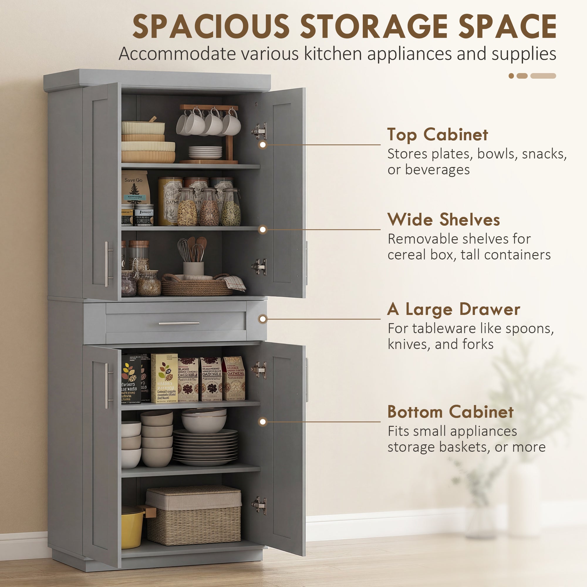 Modern Kitchen Pantry Freestanding Cabinet Cupboard with Doors and Drawer, Adjustable Shelving, Gray