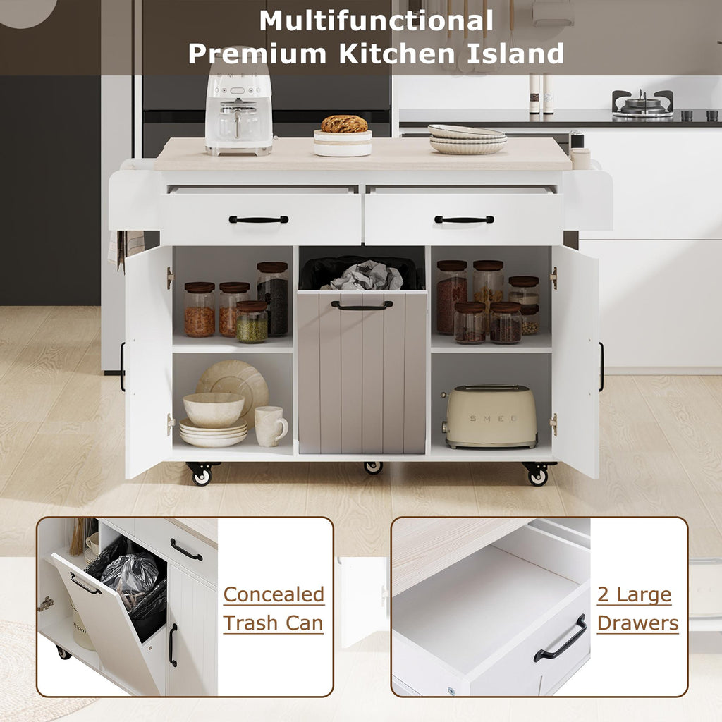 Kitchen Island with Trash Can Storage, Drop Leaf, Spice and Towel Rack, Adjustable Shelf, Utility Cart on Wheels, 51" L x 31.5" W x 35" H, White