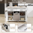 Kitchen Island with Trash Can Storage, Drop Leaf, Spice and Towel Rack, Adjustable Shelf, Utility Cart on Wheels, 51" L x 31.5" W x 35" H, White