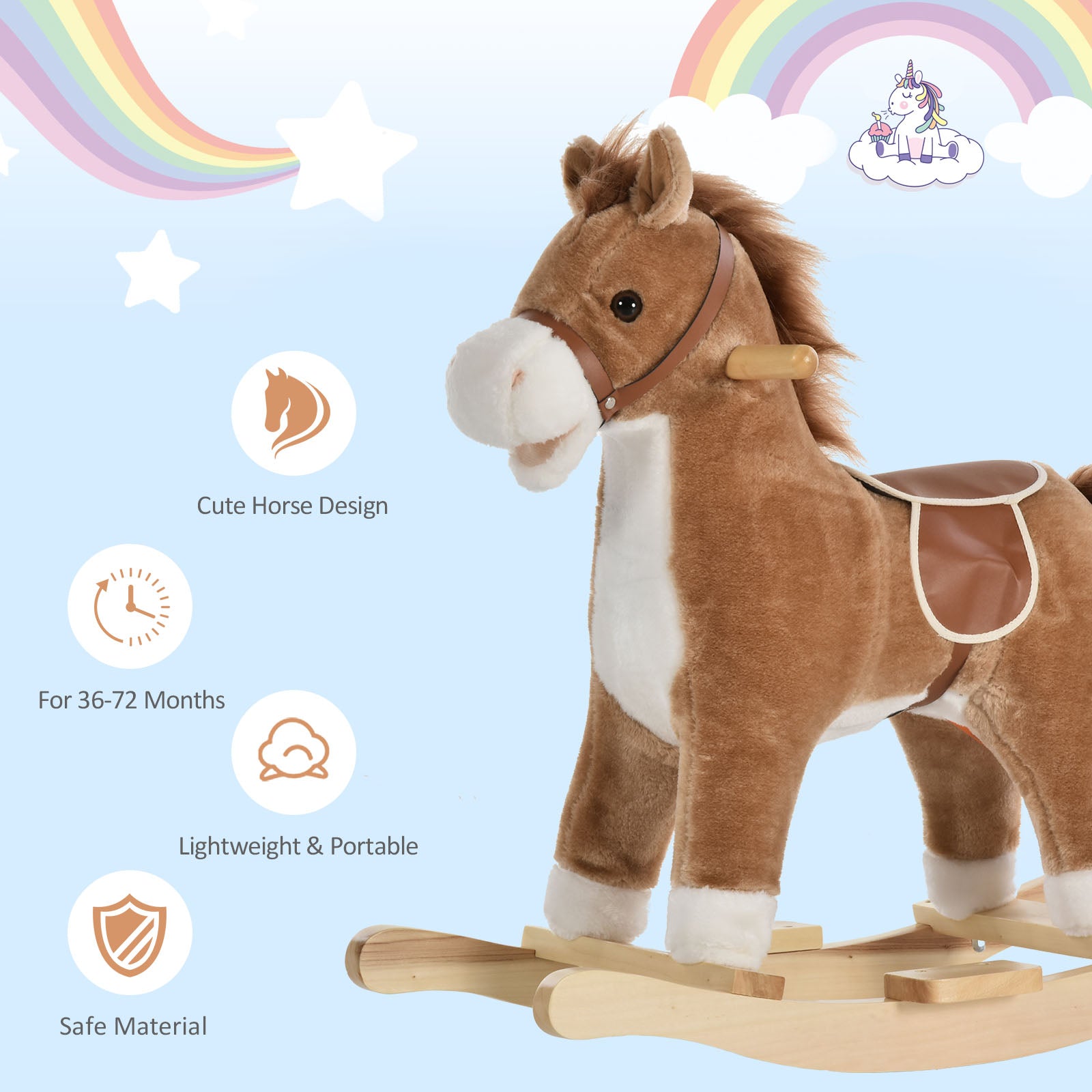 Rocking Horse Plush Animal on Wooden Rockers, Baby Rocking Chair with Sounds, Moving Mouth, Wagging Tail, Brown