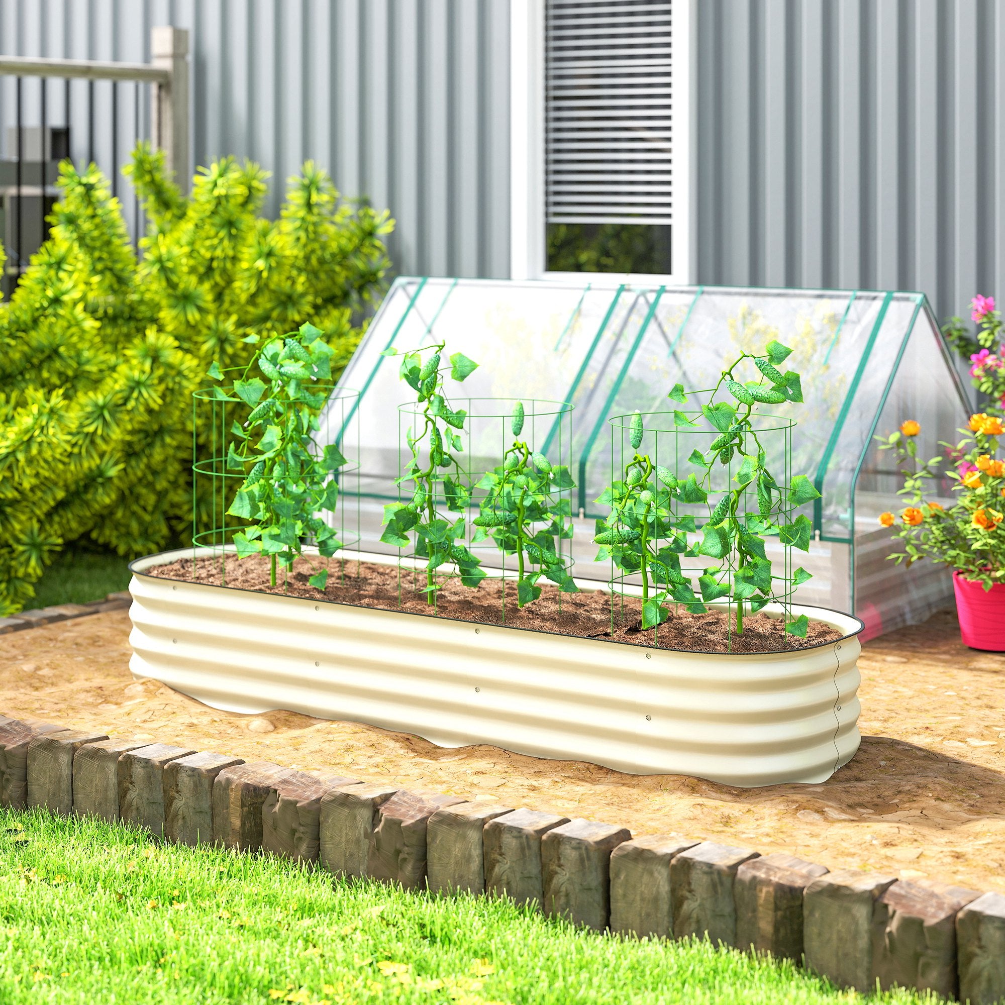 6.4' x 2' x 1' Galvanized Raised Garden Bed Kit, Metal Planter Box with Safety Edging, Cream