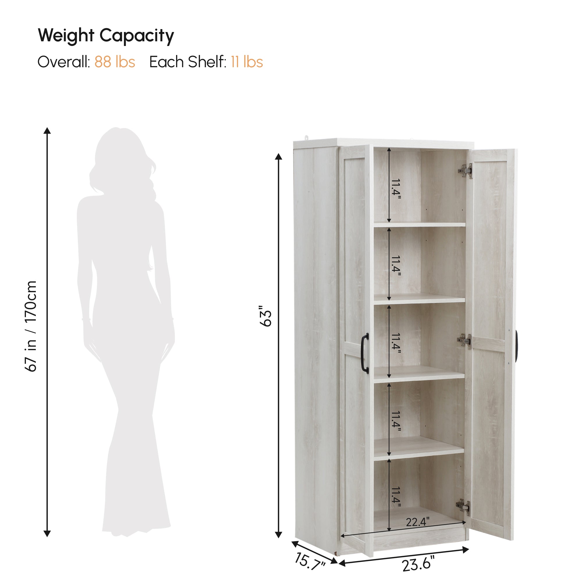 63" 2-Door Kitchen Pantry, Freestanding Storage Cabinet with 5-tier Shelving and 2 Adjustable Shelves for Dining Room, Antique White