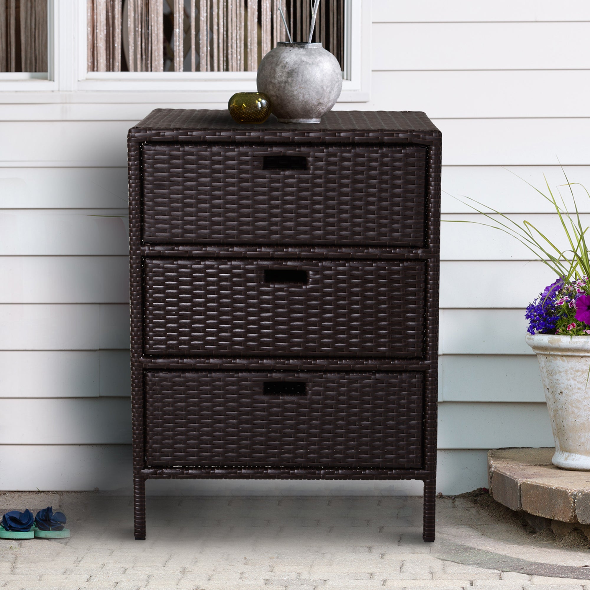 Patio PE Rattan Storage Cabinet, Wicker Pool Cabinet Organizer, Outdoor Towel Rack for Pool with 3 Drawers, Brown