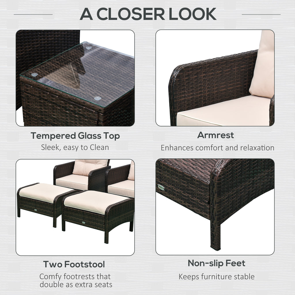 5 Pieces Rattan Wicker Lounge Chair Outdoor Patio Conversation Set with 2 Cushioned Chairs, 2 Ottomans and Tempered Glass Top Coffee Table