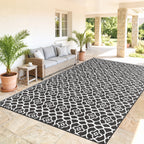 Reversible Outdoor Rug Carpet RV Camping Rugs with Carry Bag, 9' x 18', Black & White Clover