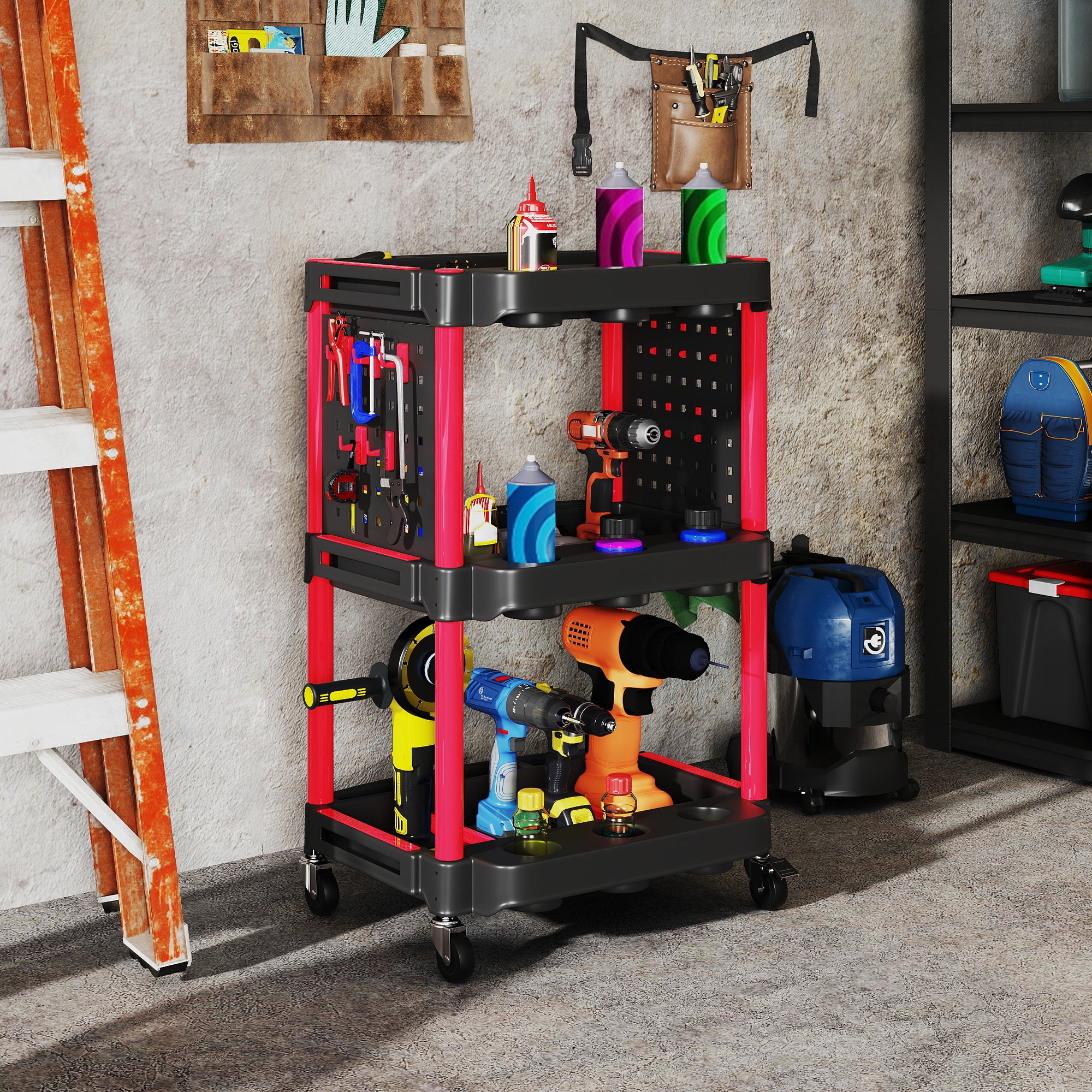 3-Tier Rolling Tool Cart, 200 LBS Capacity Plastic Utility Cart with Side Shelves for Garage Workshop, Black and Red