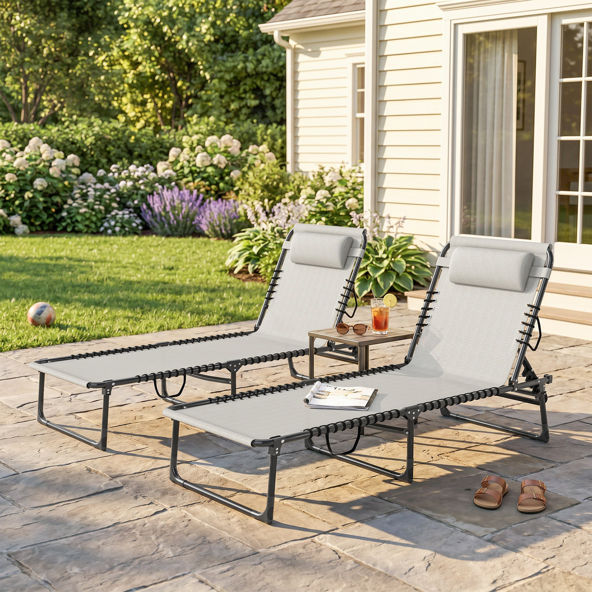 2 Folding Chaise Lounge Pool Chairs with 4-Position Reclining Back, Pillow, Breathable Mesh & Bungee Seat, Dark Blue