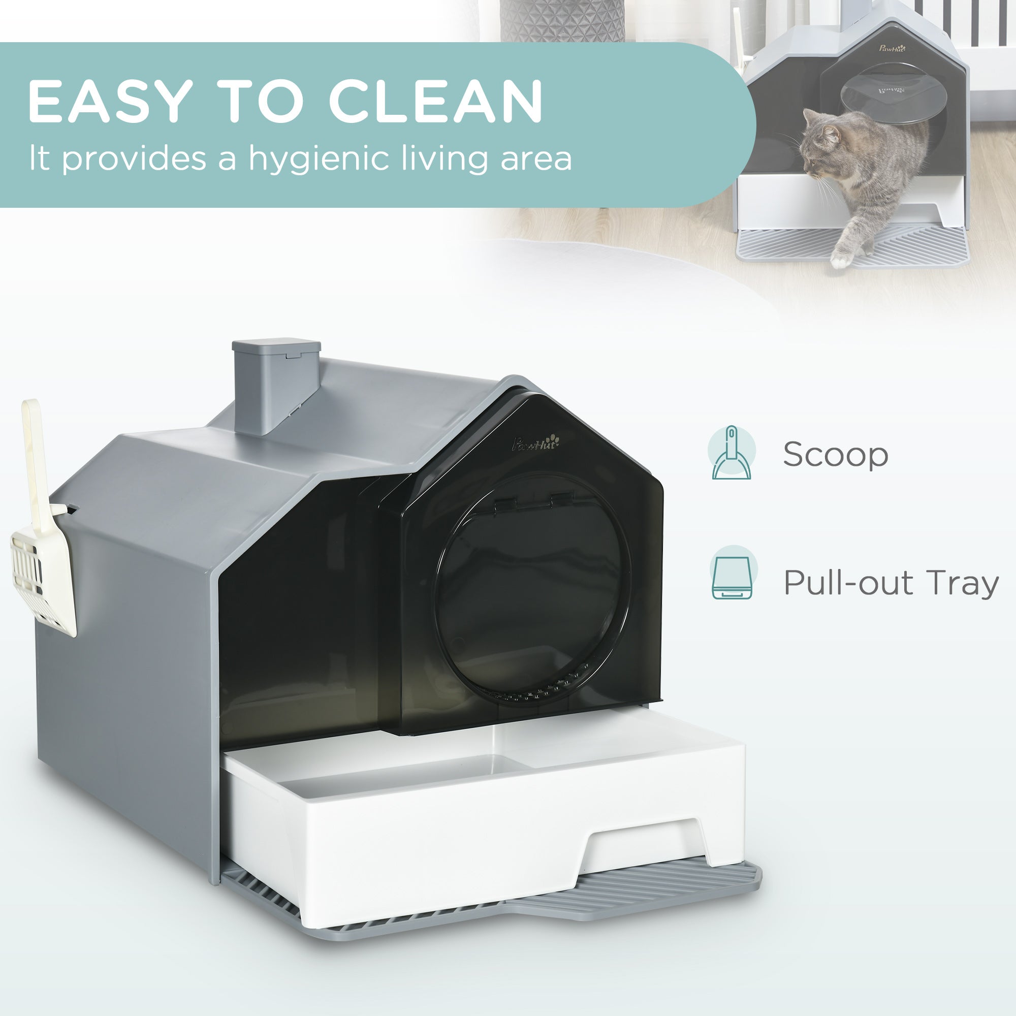 Hooded Cat Litter Box w/ Litter Mat, Litter Particle Catching, Gray