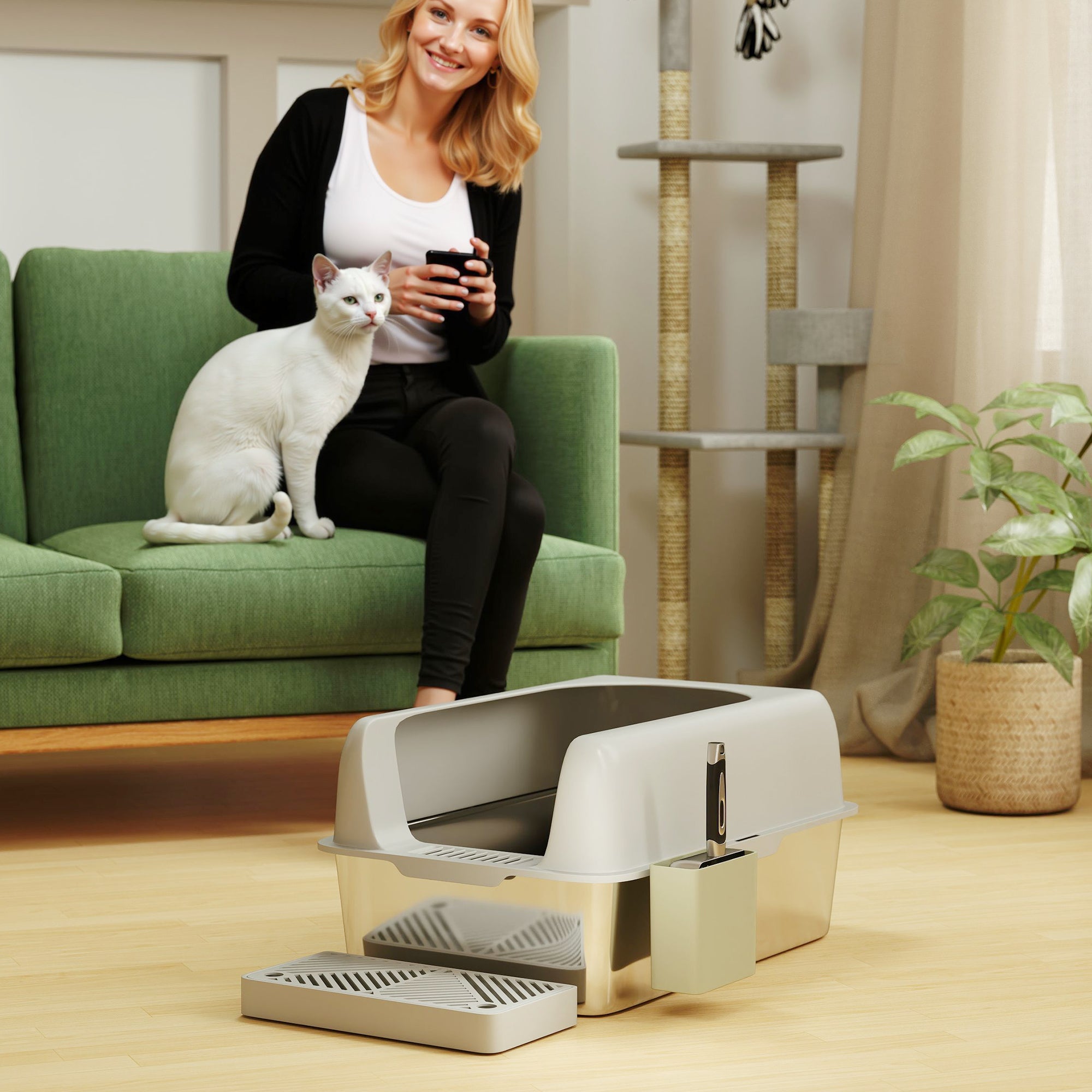 2 Pack High Sided Stainless Steel Litter Box with Metal Scoop & Scoop Holder, for Anti-Urine Leakage, Light Gray