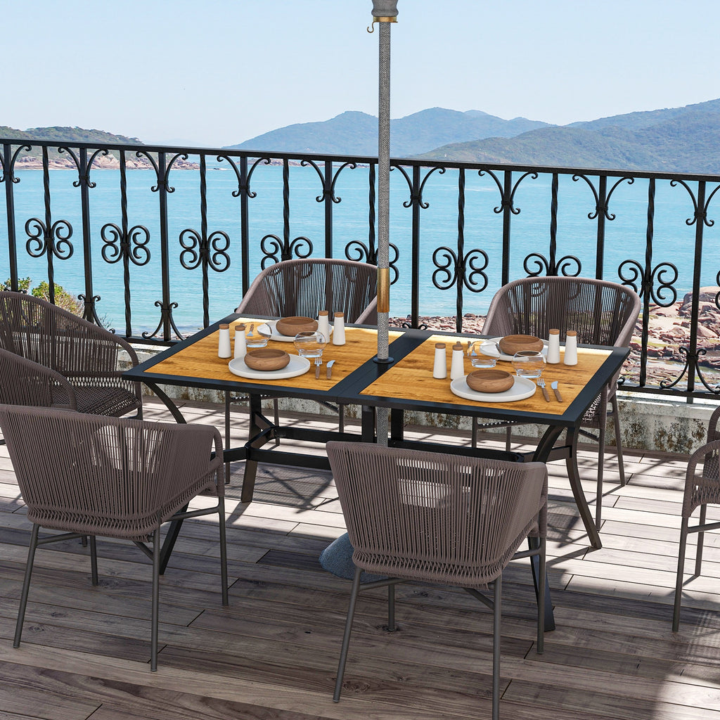 Rectangular Patio Table with Umbrella Hole, Faux Wood Rectangle Outdoor Dining Table for 6 People for Garden, Brown
