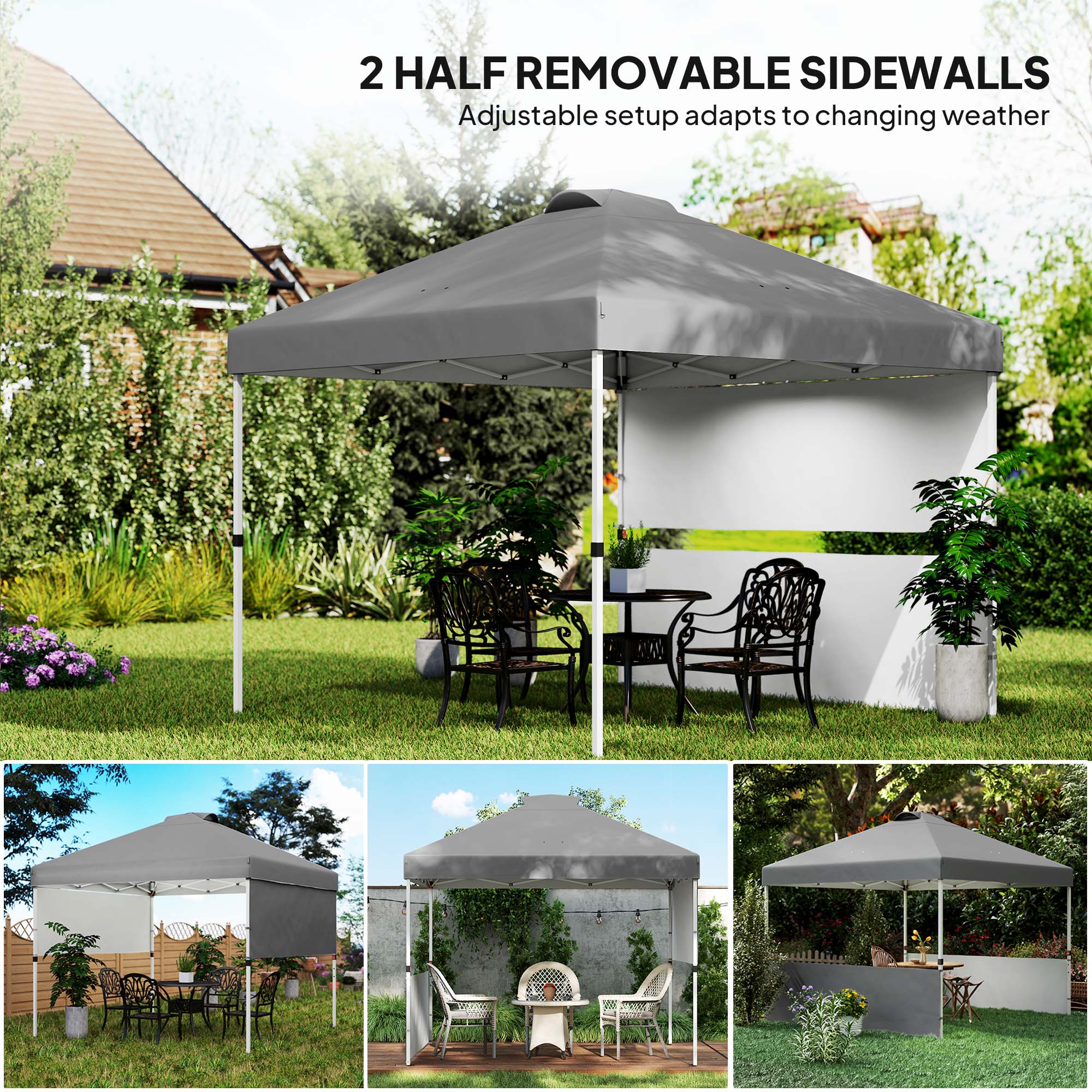 10' x 10' Pop Up Canopy Tent with 2 Half Sidewalls, UV50+ Instant Sun Shelter with Wheeled Carry Bag, Dark Gray