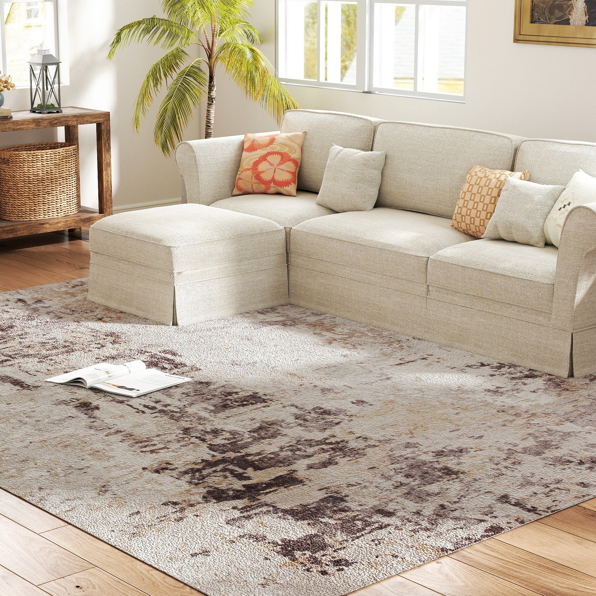 Machine Washable Area Rug 8x10, Non-Slip Modern Abstract Floor Carpet for Living Room, Bedroom, Dining Room, Mixed-Brown