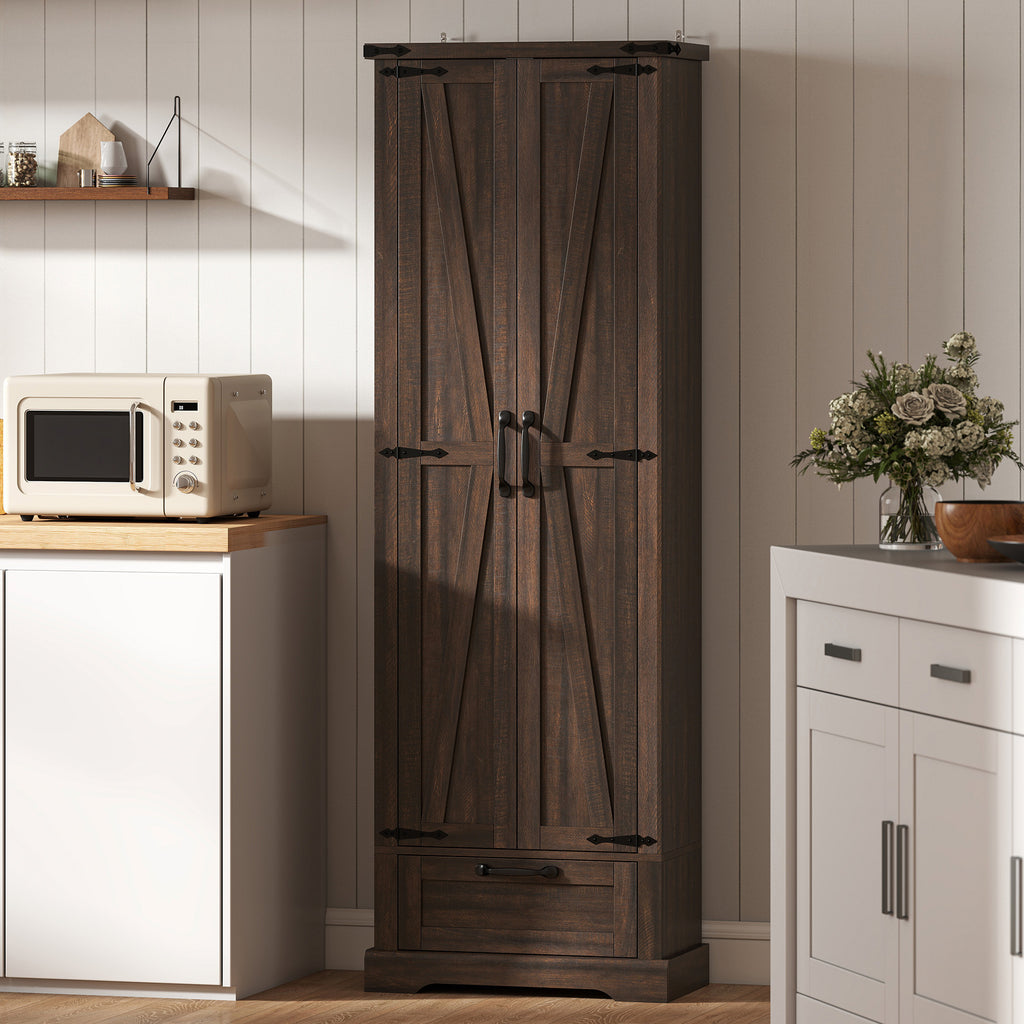 71" Pantry Cabinet, Kitchen Storage Cabinet with Adjustable Shelves, Barn Doors and Drawer for Dining Room, Brown