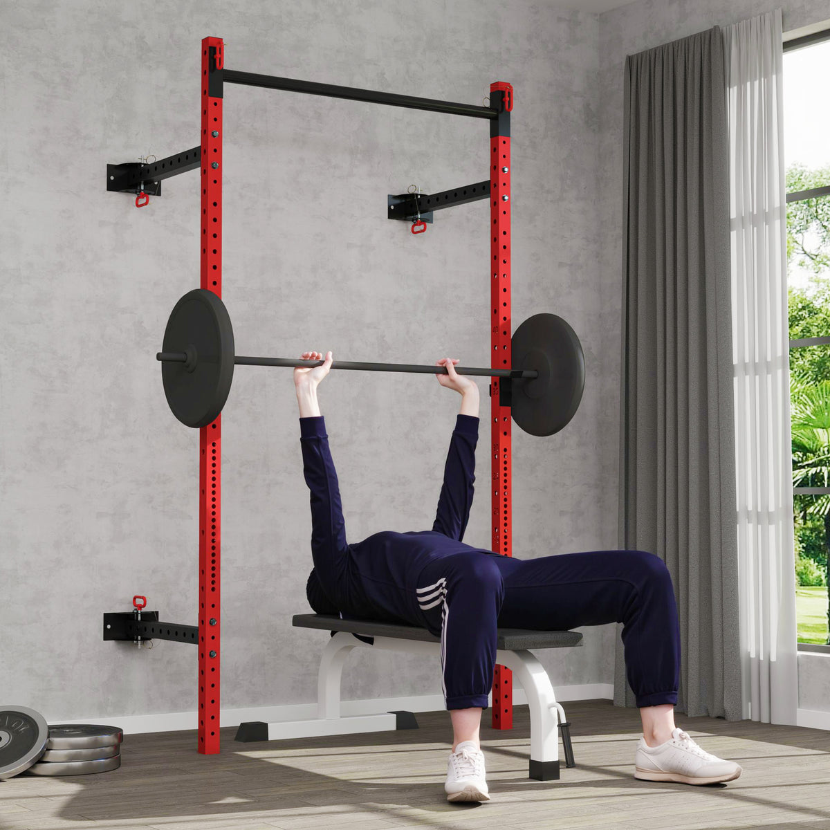 Folding Squat Rack with Pull Up Bar, Wall Mounted and Adjustable, 1000 Pounds Capacity Power Rack, Red