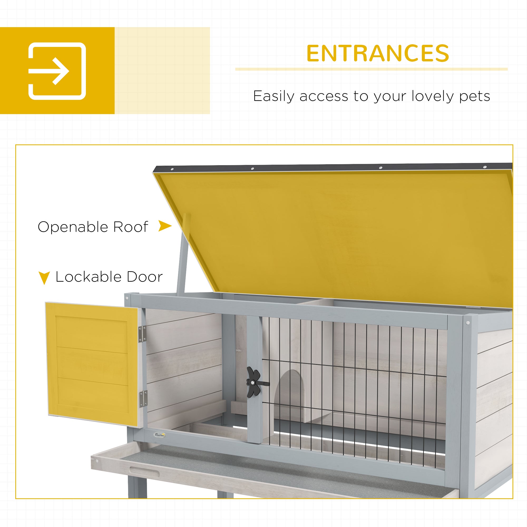 Elevated Rabbit Hutch, Wooden Bunny Cage with Hinged Asphalt Roof and Removable Tray, for Indoor/Outdoor, Gray
